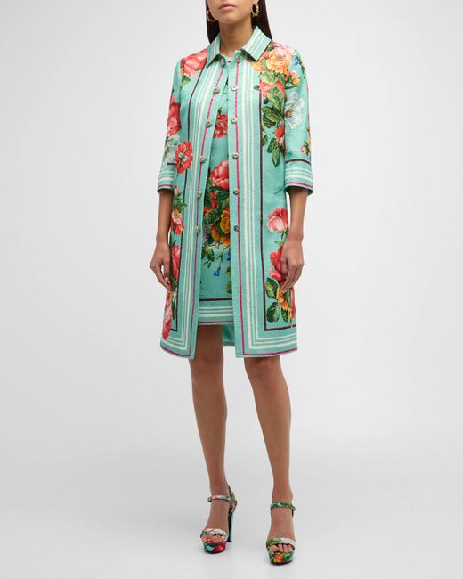 Dolce & Gabbana Floral-Print 3/4-Sleeve Metallic Jacquard Coat