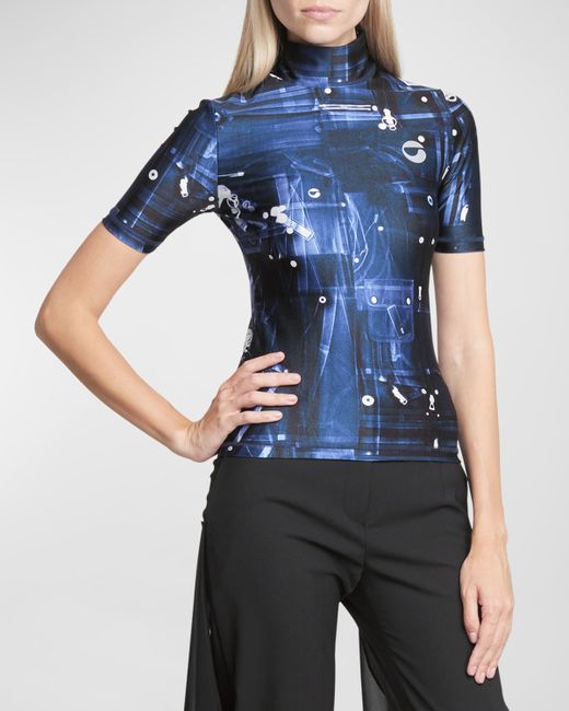 Coperni Abstract-Print Mock-Neck Short-Sleeve Fitted Top