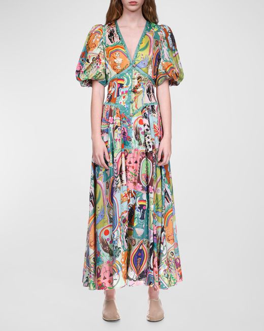 Alemais Evergreen Puff-Sleeve Printed Linen Midi Dress