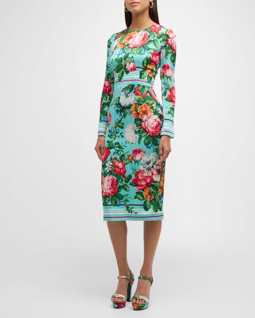 Dolce & Gabbana Floral Stripe-Print Long-Sleeve Midi Dress