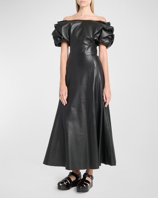 Gabriela Hearst Gwyneth Puff-Sleeve Off-The-Shoulder Leather Maxi Dress