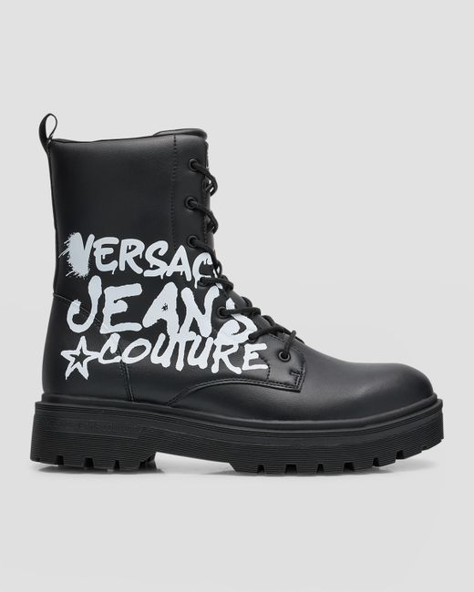 Versace Jeans Couture Syrius Graffiti Logo Leather Combat Boots