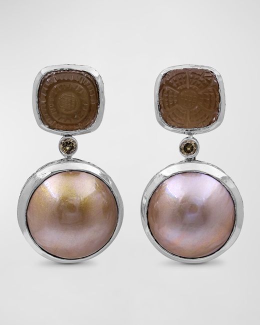 Stephen Dweck Hand-Carved Quartz Sunstone and Mabe Pearl Earrings