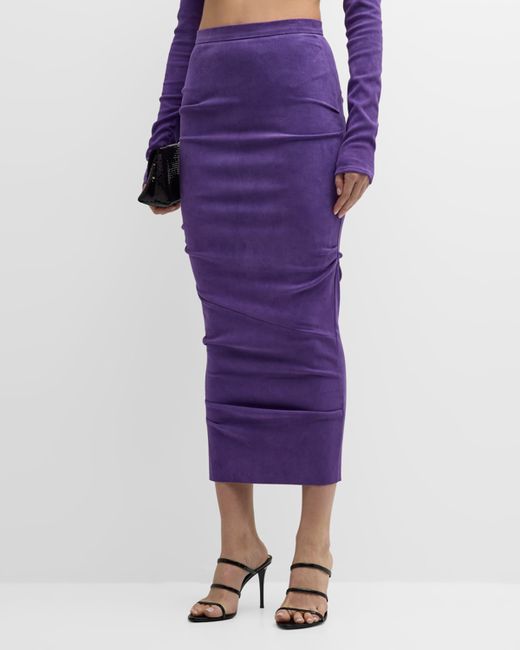 Laquan Smith Ruched Suede Midi Pencil Skirt