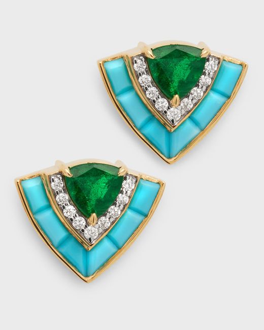 Emily P. Wheeler Tiered Stud Earrings 18K Yellow Gold with Emeralds Diamonds and Turquoise