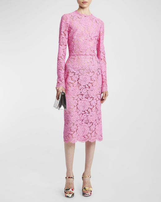 Dolce & Gabbana Floral Lace Long-Sleeve Midi Dress