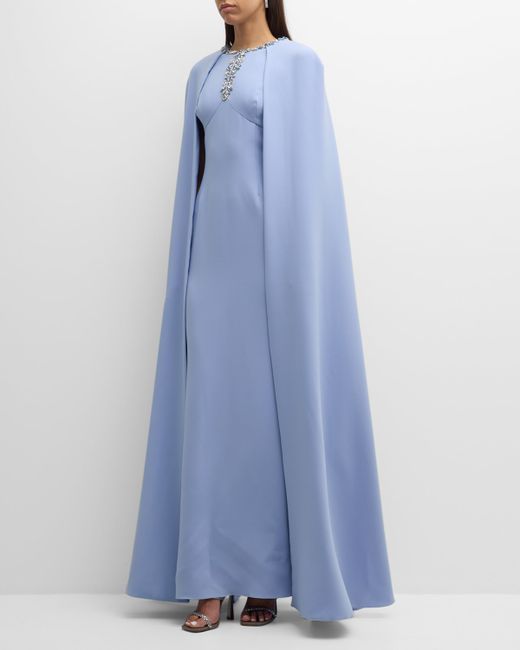 Rickie Freeman for Teri Jon Jewel-Embellished Cape-Sleeve Crepe Gown