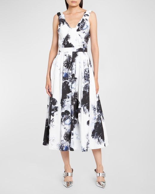 Alexander McQueen Floral-Print Pleated Sleeveless Midi Day Dress