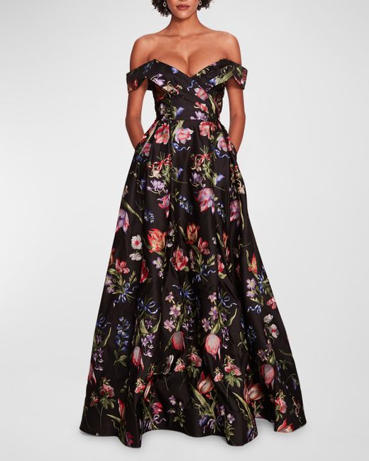 Marchesa Notte Pleated Off-Shoulder Floral-Embroidered Gown
