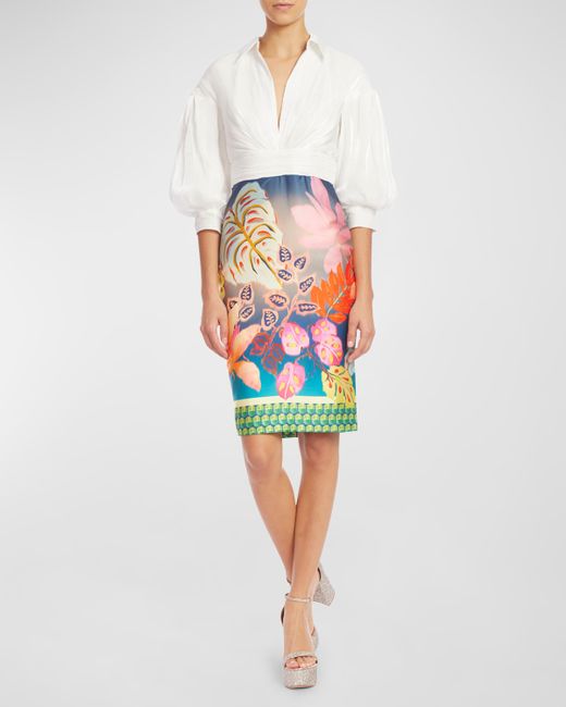 Badgley Mischka Collection Ruched Print Balloon-Sleeve Midi Dress