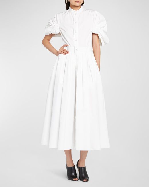 Alexander McQueen Ruched Puff-Sleeve Button-Front Midi Dress