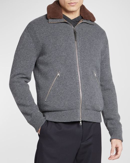 Moncler Cashmere Zip-Front Cardigan With Shearling Collar