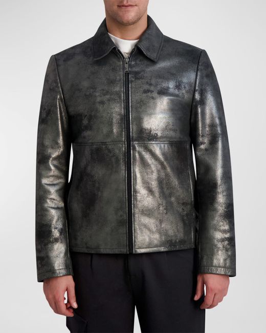 Karl Lagerfeld Paris White Label Metallic Leather Shirt-Collar Jacket