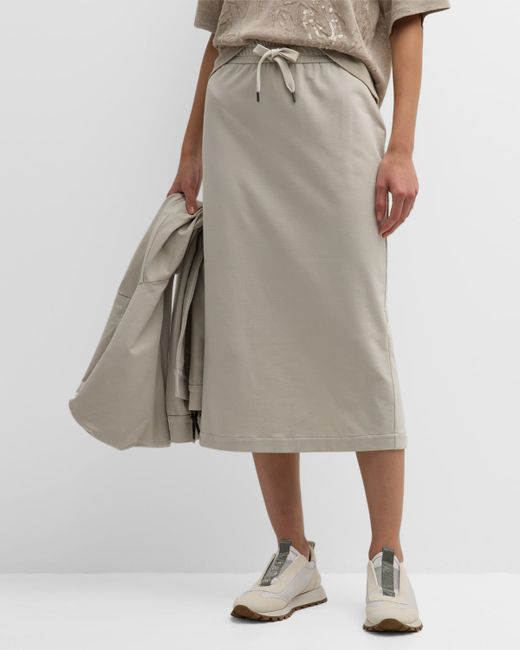 Brunello Cucinelli Slit-Hem Cotton Felpa Pull-On Midi Skirt