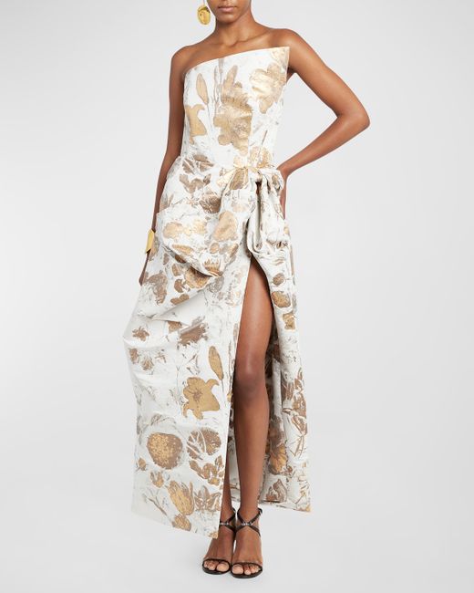 Alexander McQueen Metallic Floral Brocade Draped Strapless Midi Evening Dress