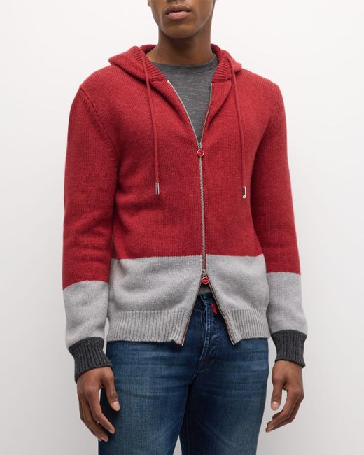 Kiton Cashmere Block Full-Zip Hooded Sweater