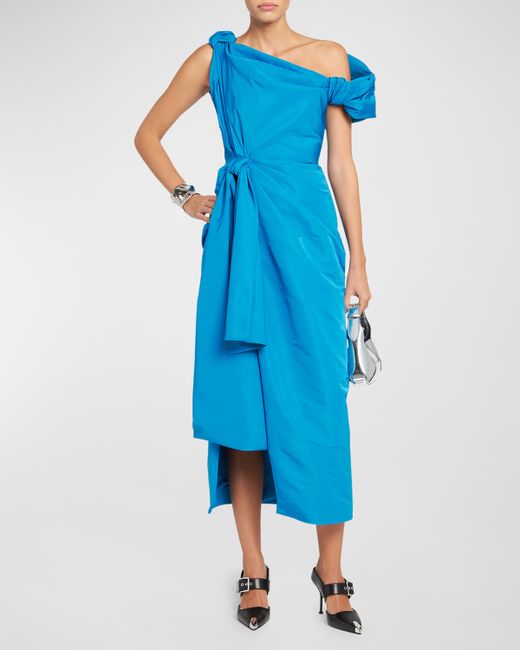 Alexander McQueen Off-Shoulder Midi Dress with Ruched Bow Detail