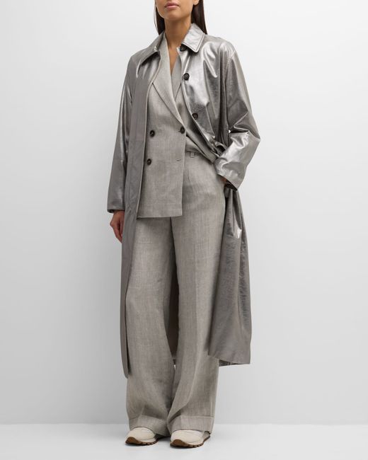Brunello Cucinelli Mettallic Leather Belted Long Trench Coat