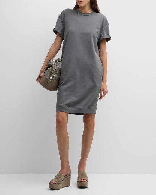 Brunello Cucinelli Cotton Felpa T-Shirt Dress with Monili Sleeve Detail
