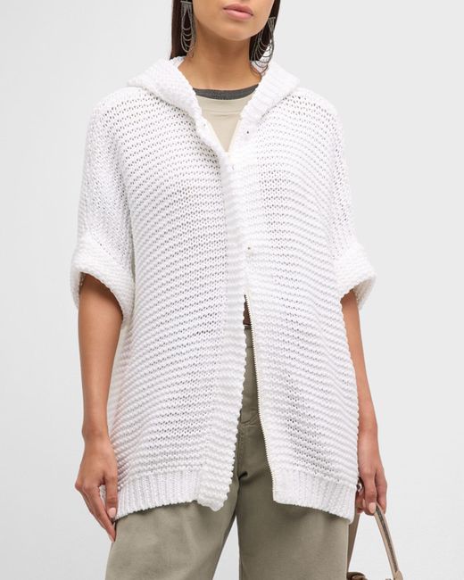 Brunello Cucinelli Short-Sleeve Zip-Up Cotton Hooded Cardigan