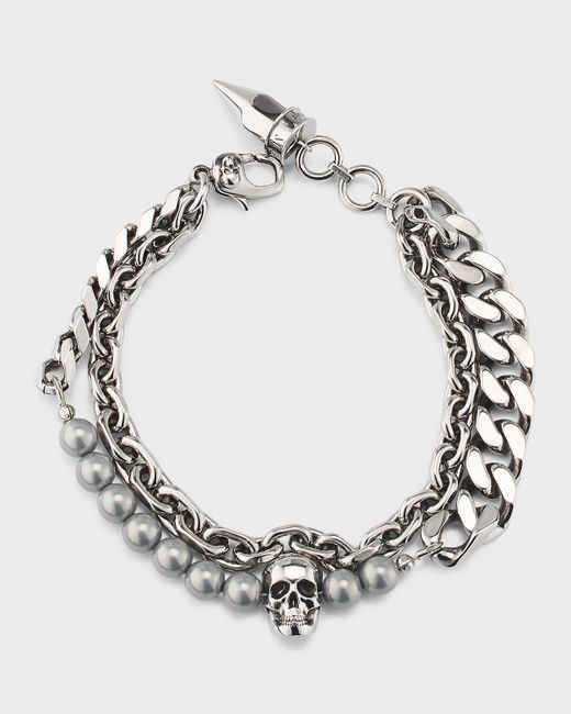 Alexander McQueen Skull and Faux Pearl Double-Chain Bracelet