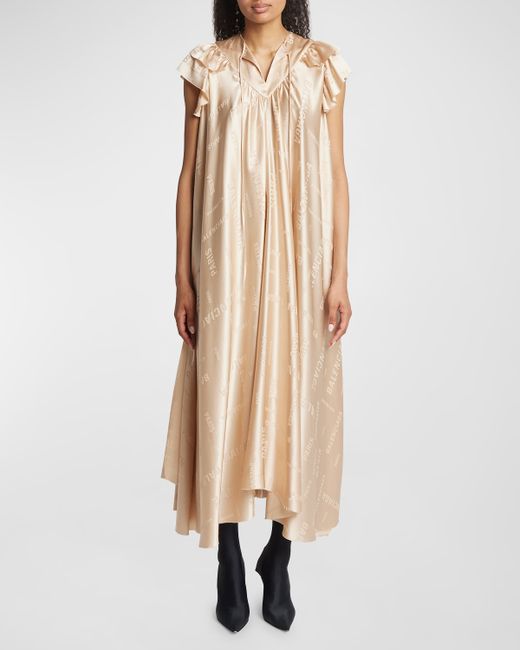 Balenciaga Logo Paris Silk Jacquard Ruffle Neck-Tie Oversized Midi Dress
