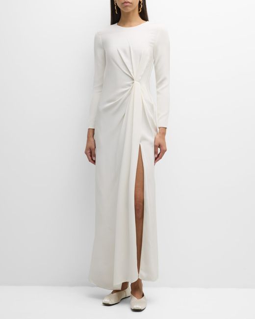 Adam Lippes Pleated Drape Slit-Hem Long-Sleeve Silk Crepe Maxi Dress