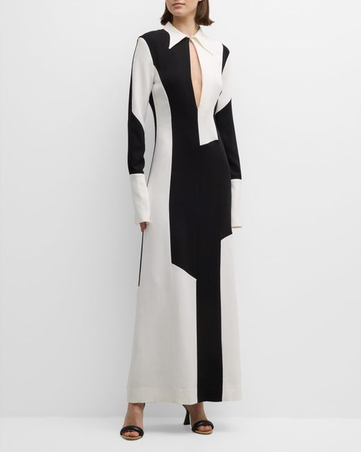 BITE Studios Colorblock Paneled Long-Sleeve Keyhole Collared Gown