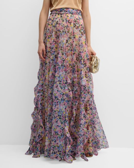 Maison Common Organza Floral Print Maxi Skirt with Ruffle Detail