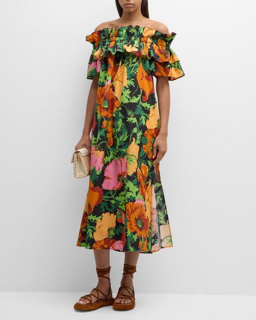La Double J. Breakfast Floral-Print Ruffle Off-The-Shoulder Midi Dress