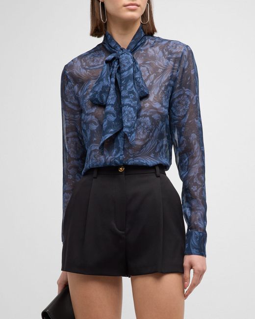 Versace Baroque-Print Neck-Tie Silk Georgette Informal Shirt