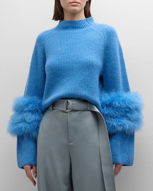 Lapointe Airy Cashmere-Silk Crop Raglan Sweater With Marabou Feathers