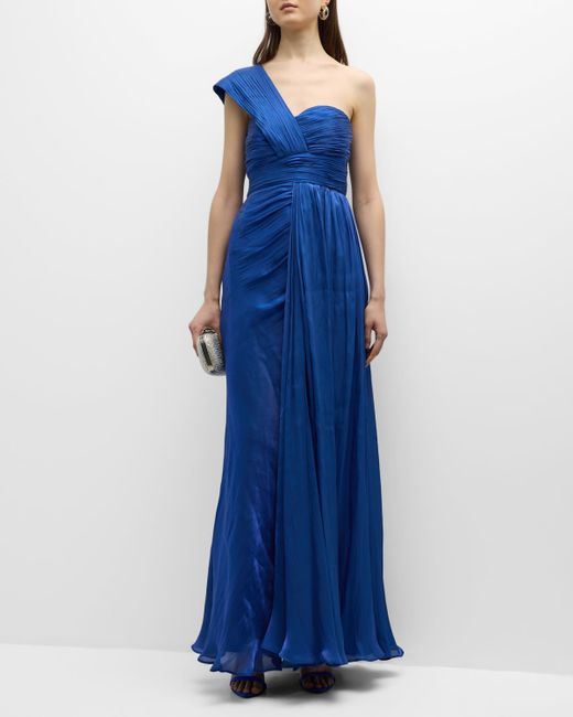 Badgley Mischka Collection Pleated One-Shoulder Draped Gown