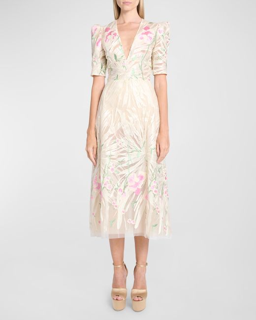 Elie Saab Plunging Floral Embroidered Tulle Short-Sleeve Midi Dress