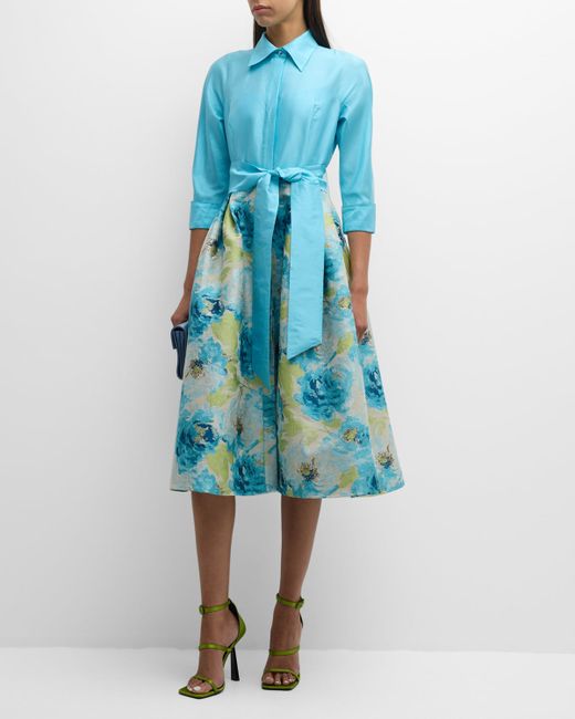 Rickie Freeman for Teri Jon 3/-Sleeve Floral Jacquard Midi Shirtdress