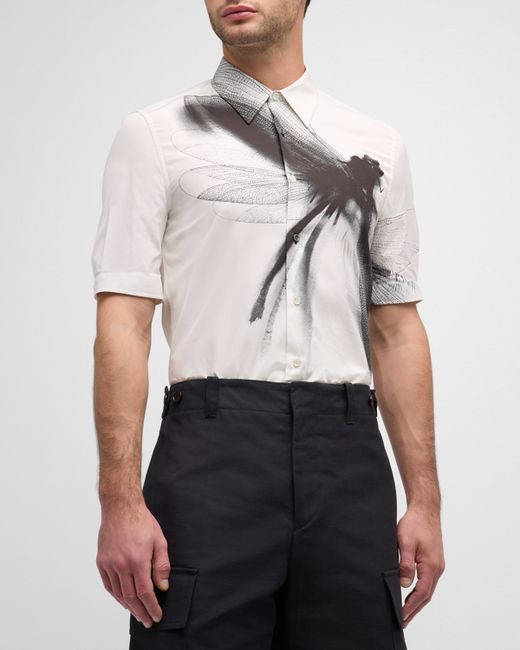 Alexander McQueen Cotton Poplin Dragonfly Print Short-Sleeve Shirt