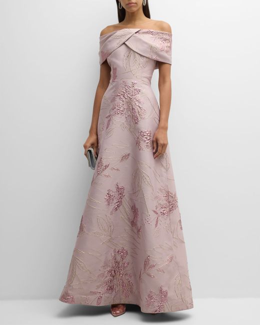 Rickie Freeman for Teri Jon Off-Shoulder Metallic Floral Jacquard Gown