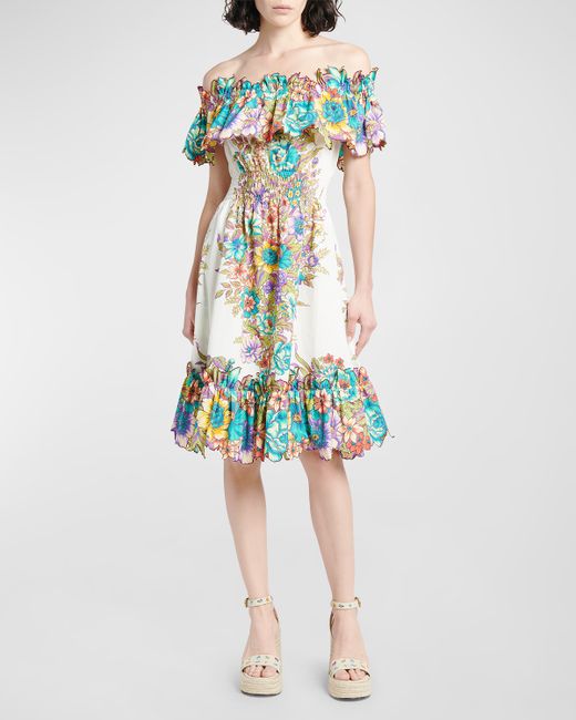 Etro Blouquet Floral-Print Ruffle Off-The-Shoulder Dress