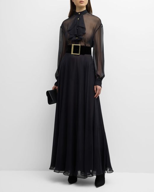 Sergio Hudson Sheer Belted Maxi Dress with Ruffle Top