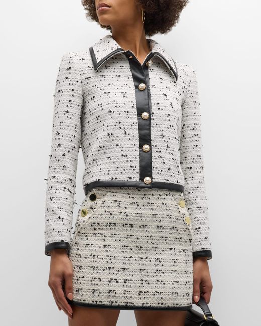 Alice + Olivia Renae Cropped Tweed Jacket with Vegan Leather Binding