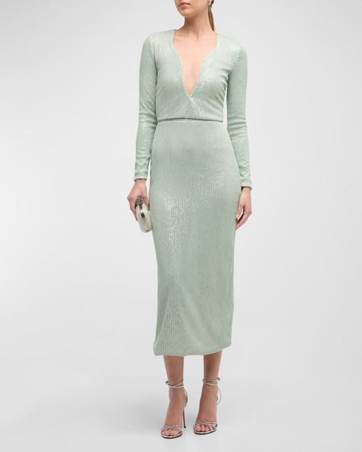 Giorgio Armani Plunging Long-Sleeve Reverse Paillette Knit Midi Dress