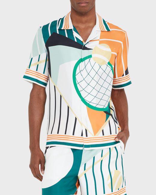 Casablanca Abstract Tennis-Print Silk Camp Shirt