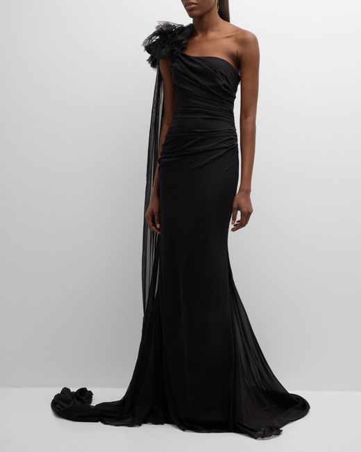 Pamella Roland Chiffon Draped One-Shoulder Gown with Floral Detail