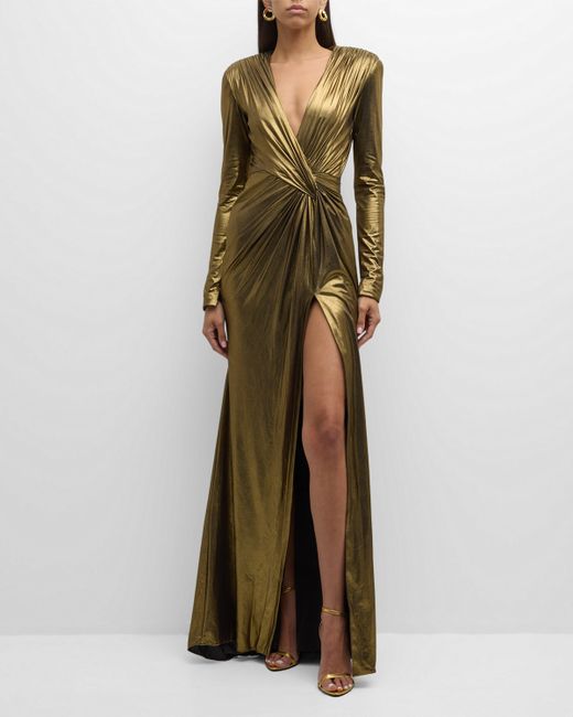 Pamella Roland Metallic Draped Lame Gown with Slit
