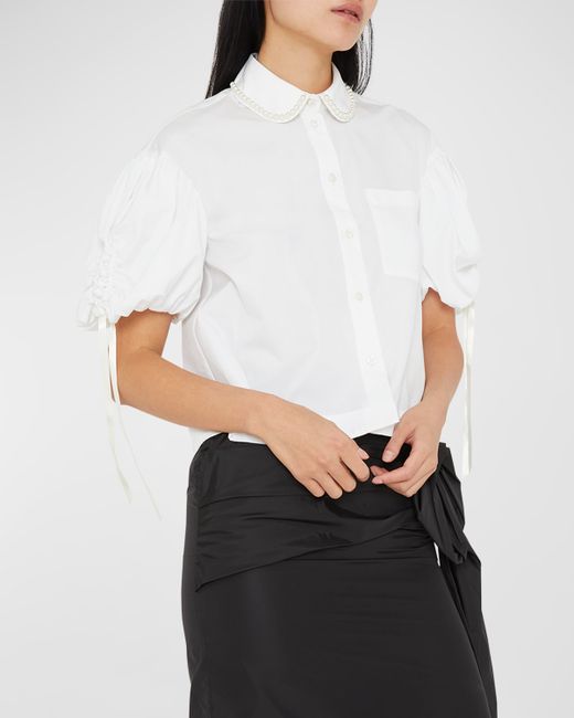 Simone Rocha Beaded-Collar Ruched Puff-Sleeve Crop Shirt