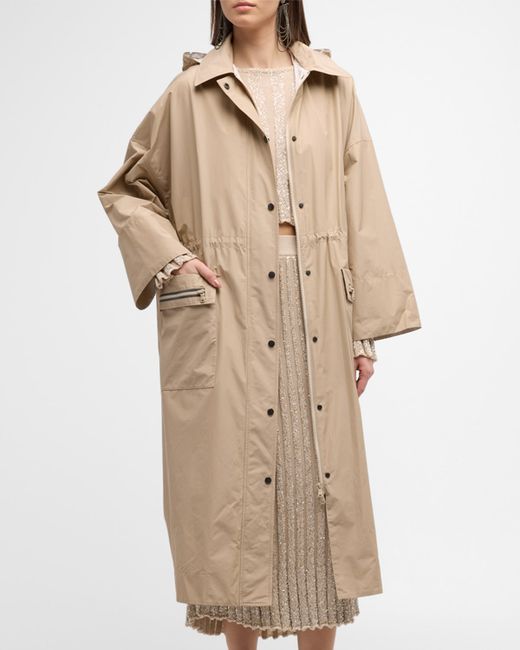 Brunello Cucinelli Monili-Trim Front Pocket Hooded Taffeta Long Coat