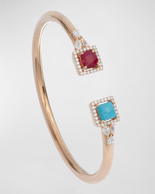 Krisonia 18K Yellow Gold Cuff with Ruby Turquoise and Diamonds
