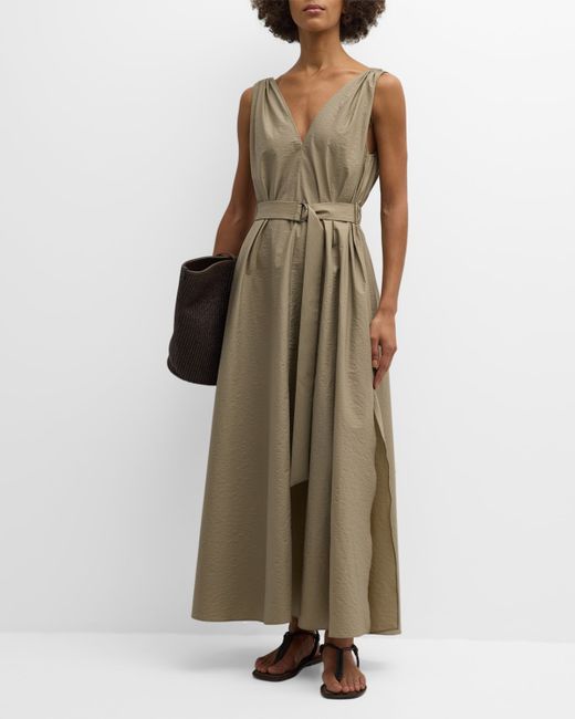 Brunello Cucinelli Crinkle Cotton Belted Maxi Dress with Monili Detail