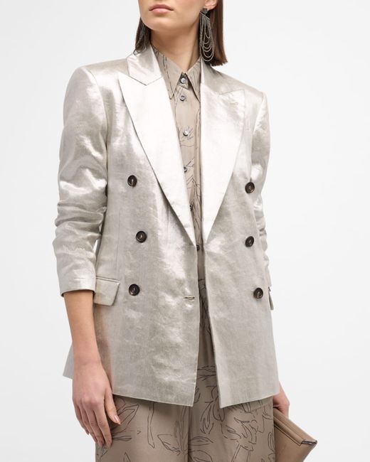 Brunello Cucinelli Metallic Linen Double-Breasted Blazer Jacket