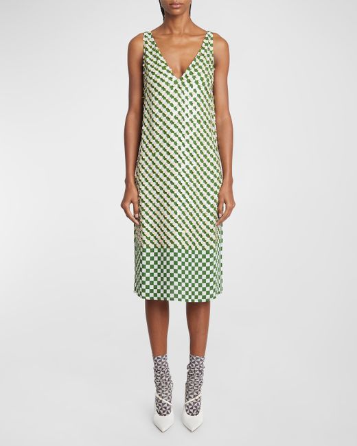 Dries Van Noten Debbie Plunging Sequin Checker-Print Sleeveless Midi Dress